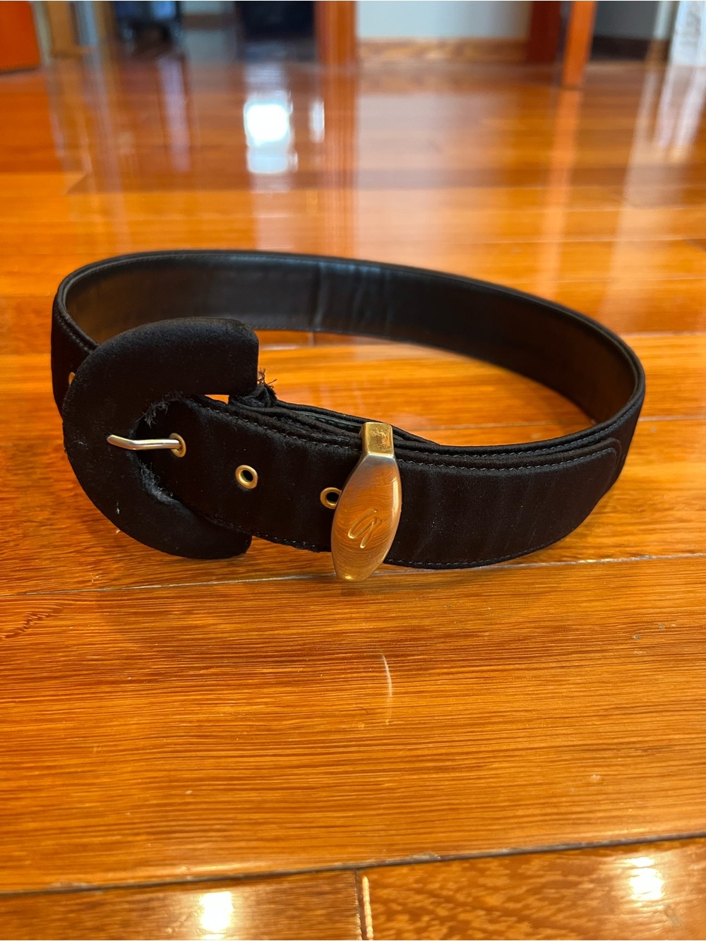 Givenchy vintage Black satin Belt with Gold Accent